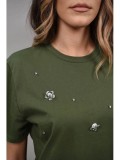 Cumpara ieftin Tricou Dama Bumbac cu Flori si Cristale Lumina Synchrony Kaki Marime S-M/Unica