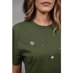 TRICOU CU APLICATII FLORI CRISTALE SYNCHRONY TALIE UNICA Kaki