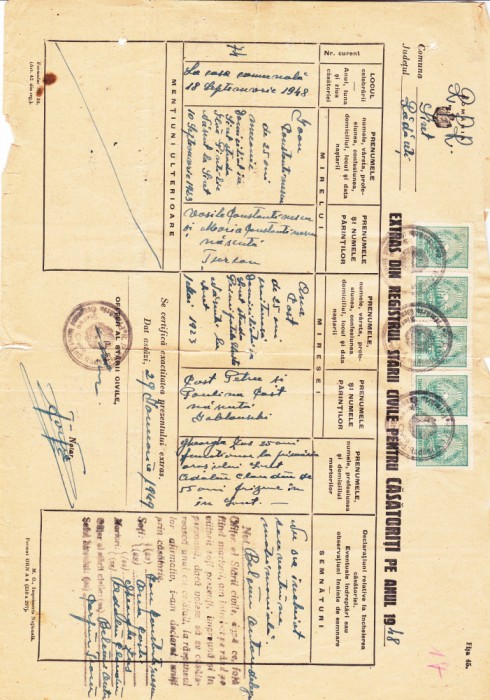 AMS - EXTRAS DIN REGISTRUL STARII CIVILE PENTRU CASATORITI PE ANUL 1948, FRANCATURA MULTIPLA