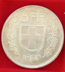 (A869) MONEDA DIN ARGINT ELVETIA - 5 FRANCS 1967, PASTORUL, LUCIU DE BATERE