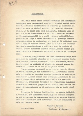 A3537N Valeriu R&amp;acirc;peanu, recomandare semnată olograf pentru Zoe Dumitrescu-Bușulenga, 1964 foto