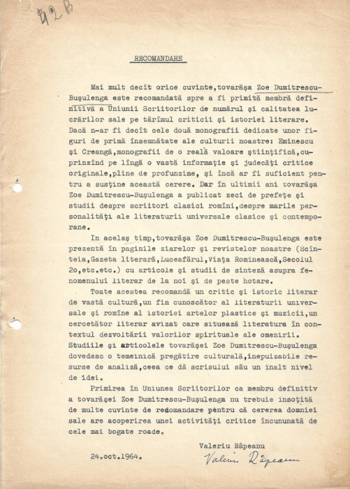 A3537N Valeriu R&acirc;peanu, recomandare semnată olograf pentru Zoe Dumitrescu-Bușulenga, 1964