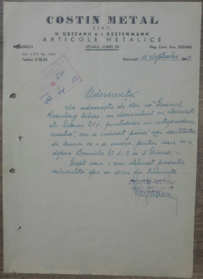 Document Costin Metal, Societate Articole Metalice Bucuresti 1947 foto