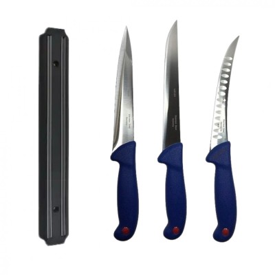 Set profesional de macelarie, filetat, transat, injunghiat, dezosat, otel carbon, 3 cutite, suport magnetic foto