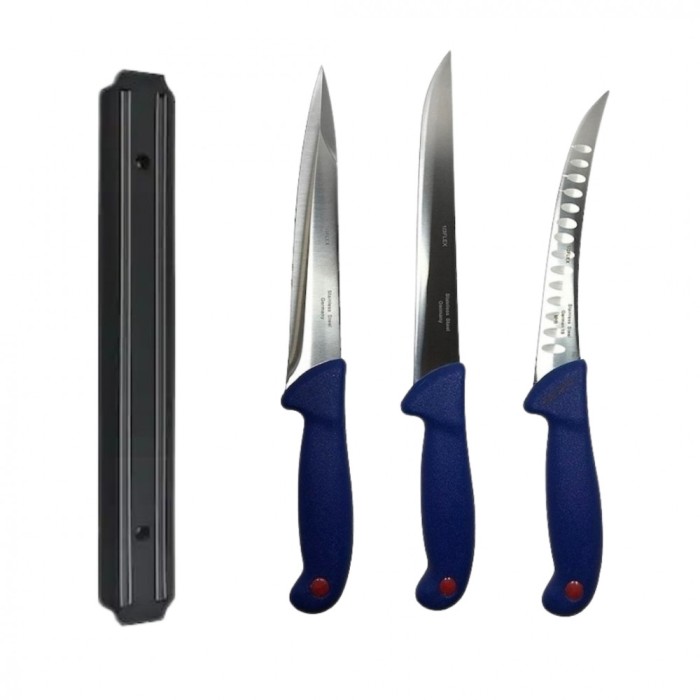 Set profesional de macelarie, filetat, transat, injunghiat, dezosat, otel carbon, 3 cutite, suport magnetic
