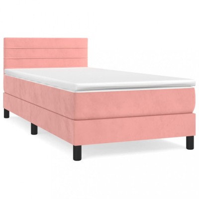 Pat box spring cu saltea, roz, 90x190 cm, catifea foto