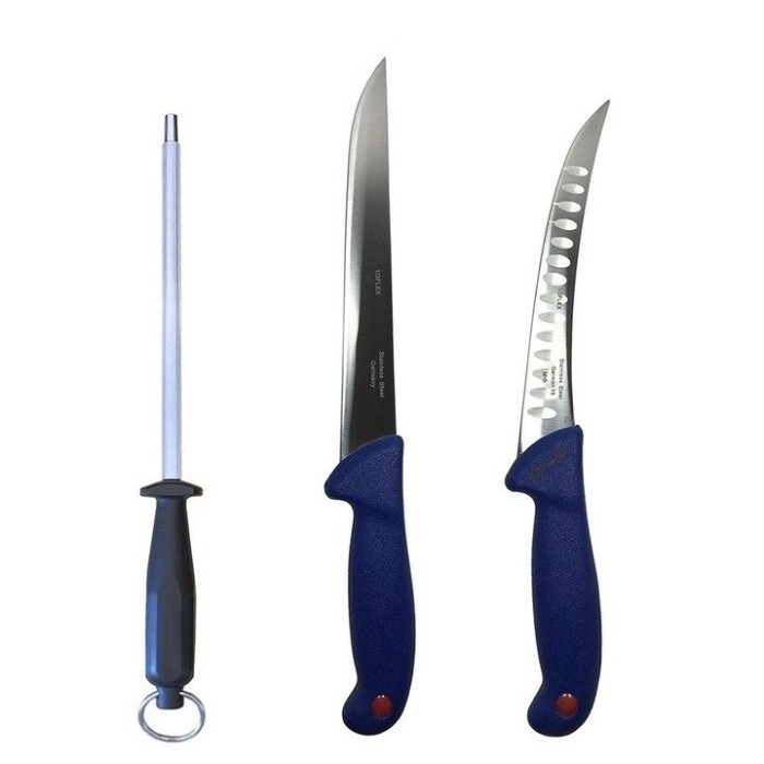 Set cutite profesionale de macelarie, filetat, transat, dezosat, 2 cutite, otel carbon, masat pentru ascutit