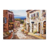 Tablou pictat manual living, dormitor, TIHNA, peisaj citadin, 100x70cm ulei pe panza in cutit, efect 3D, gata de expus pe perete