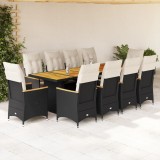vidaXL Set bistro de grădină, 11 piese, cu perne, negru, poliratan