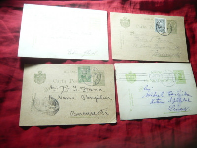 4 Carti Postale circ. 1918 cu 5bani si 10 Bani Ferdinand marca fixa foto