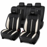 Huse auto premium 5 locuri Carguard Deluxe piele ecologică perforată - negru - alb
