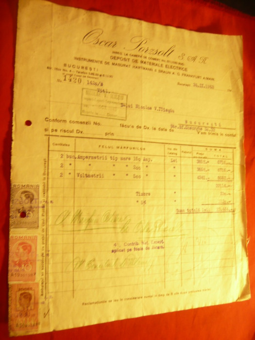 Factura cu Antet Firma Oscar Porzsolt SAR - Depozit mat. electrice 1943 , 3 timb