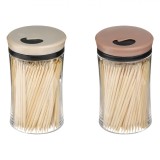 Set Recipiente Scobitori, Model Cu Capace Colorate Pale, 2 Bucăți, Bambus, Transparente, Capac Bej și Maro, Oem