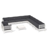Set mobilier gradina cu perne, 12 piese, alb, lemn masiv pin