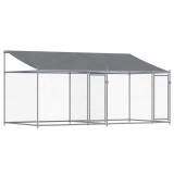 Cumpara ieftin Cusca caini cu acoperis si usi, gri, 4x2x2 m, otel galvanizat