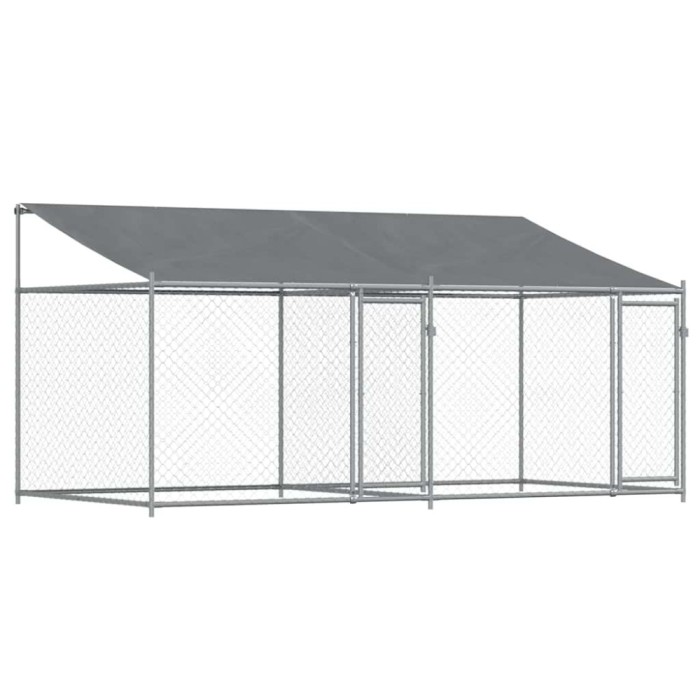 Cusca caini cu acoperis si usi, gri, 4x2x2 m, otel galvanizat