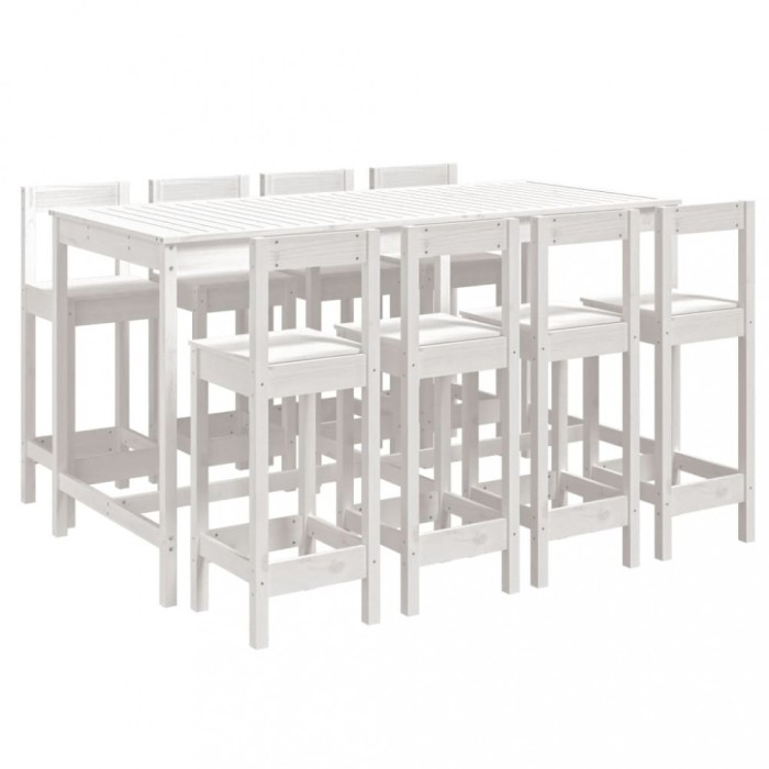 Set bar de gradina, 9 piese, alb, lemn masiv de pin