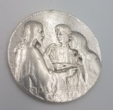 Medalie veche din argint F.Vernon sec.xx - Iisus impreuna cu tinerii casatoriti- oferita la casatorie