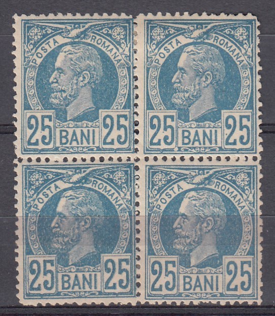 ROMANIA 1885/1888 LP 43 g REGELE CAROL I VULTURI HARTIE COLORATA VALOAREA 25 BANI ALBASTRU BLOC DE 4 TIMBRE GUMA ORIGINALA SARNIERA