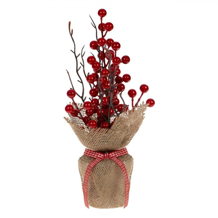 Sac Decorativ Crăciun, Iută, Pomușoare Roșii, 30cm