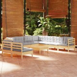 vidaXL Set mobilier grădină cu perne, 10 piese, gri, lemn masiv pin 3096832