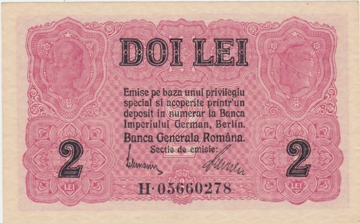 ROMANIA 2 LEI BGR 1917 aUNC