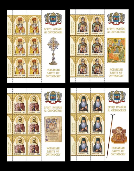 ✅RO 2023 LP 2432 &quot; Sfinți rom&acirc;ni ai Ortodoxiei &quot;, minicoli de 6 serii + manseta + tabs ,MNH