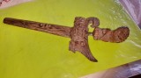 F753-Stilet sef trib Africa lemn masiv sculptat raritate maner Leu teaca dragon.