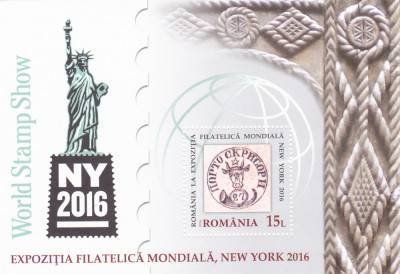 EXPOZITIA FILATELICA MONDIALA NEW YORK 2016 BLOC,2016, Lp.2106,MNH.ROMANIA. foto