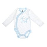 Body cu Maneci Lungi din Bumbac pentru Bebelusi, Alb cu Bleu, Imprimeu Stele si Ursuleti, CMCLASS
