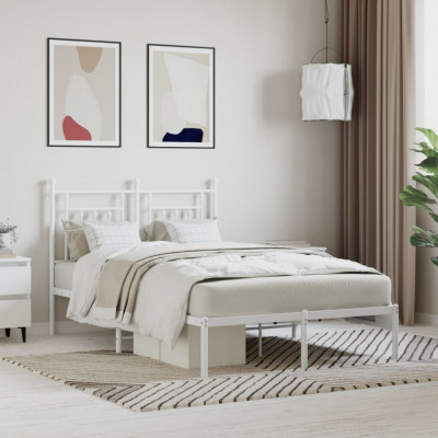vidaXL Cadru de pat metalic cu tăblie, alb, 135x190 cm foto
