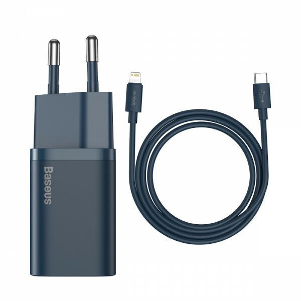 INCARCATOR retea Baseus Super Si, Quick Charge 20W, 1 x USB Type-C 5V/3.0A, include cablu USB Type-C la Iphone Lightning 1m, albastru &amp;quot;TZCCSUP-B0