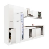 Mobilă de bucătărie Yorki 310, corp alb, față alb satinat, frigider cu congelator superior