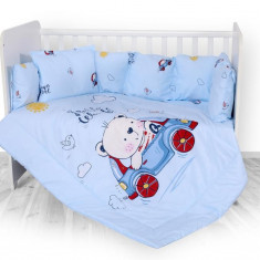 Set lenjerie pat bumbac ranforce 7 piese Lili Bear Car Blue