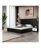 Pat Tapitat OTTO Negru 140 X 200 cu Lada de Depozitare, Somiera Rabatabilă + 2 Noptiere + Saltea Ortopedica 20cm Grosime