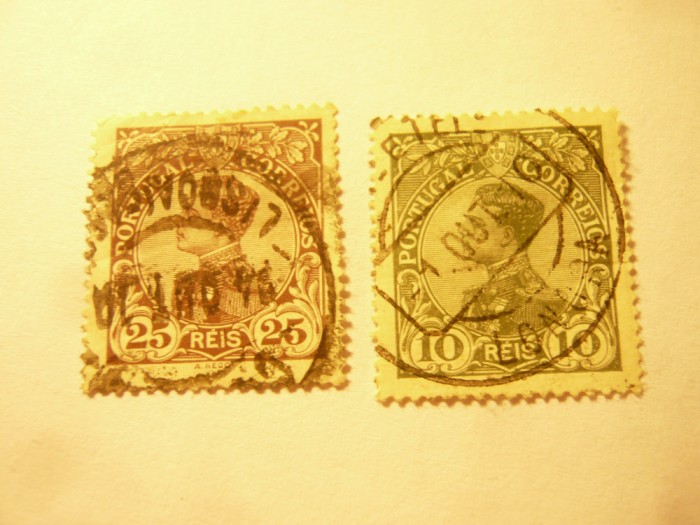 2Timbre Portugalia 1910 Rege Manuel II , val.10r si 25r stampilat