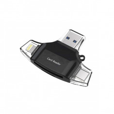 Card Reader 4 in 1 Multi Device, SD MicroSD, Conectare USB 3.0, Micro USB, USB Type-C si iPhone Lightning, Negru foto