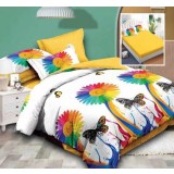 Lenjerie pat dublu,bumbac finet,6 piese cu elastic,alba cu flori si fluturi-A660