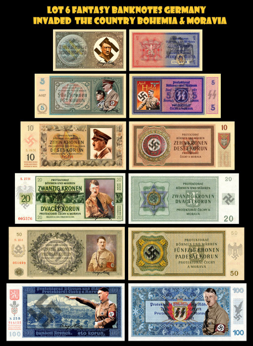 6 Fantezy banknote Bohemia &amp; Moravia ocupatie WW2 Germania