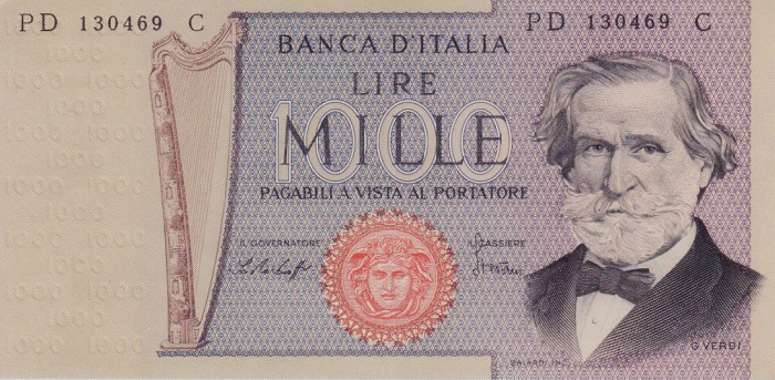 Bancnota Italia 1.000 Lire 1979 - P101f UNC ( G.Verdi - semn. Baffi/ Stevani )