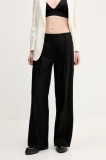 HUGO pantaloni din in femei, culoarea negru, lat, high waist, 50537619