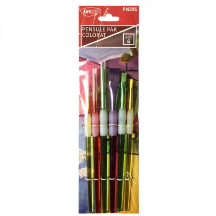 Pensule DACO, 6 Buc/Set, Varf Rotund/Drept cu Par Sintetic, Maner din Plastic Translucid, Pensule Pictura, Pensule Daco, Pensule Pictura Daco, Pensule