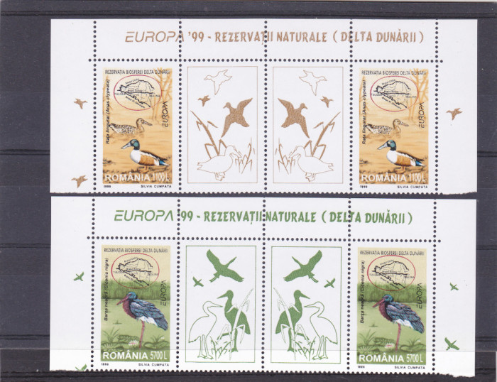 EUROPA 1999,REZERVATII NATURALE PASARI,serie in pereche cu viniete,MNH,ROMANIA.