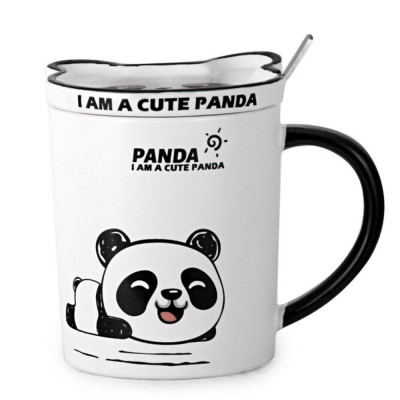 Cana cu capac din ceramica si lingurita Pufo Little Panda pentru cafea sau ceai, 300 ml foto