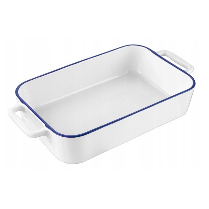 Vas termorezistent din ceramica dreptunghilar pentru cuptor, 33 cm, capacitate 2.2 litri, alb cu margine rosie, Yucca Florina