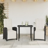 Set Bistro 3 Piese vidaXL, Negru, Poliratan, Perne Incluse, Scaune Rabatabile, Masa Sticla 80cm, Gradina/Balcon