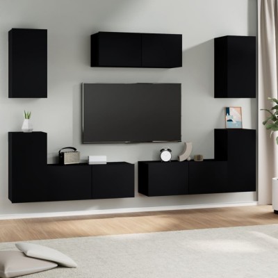 Set dulap TV, 7 piese, negru, lemn prelucrat foto