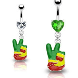 Piercing pentru buric &ndash; semn &bdquo;PEACE&rdquo; rasta, inimă din zircon - Culoare zirconiu piercing: Verde - G
