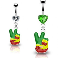 Piercing pentru buric – semn „PEACE” rasta, inimă din zircon - Culoare zirconiu piercing: Verde - G