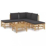Cumpara ieftin Set mobilier de gradina cu perne gri inchis, 6 piese, bambus